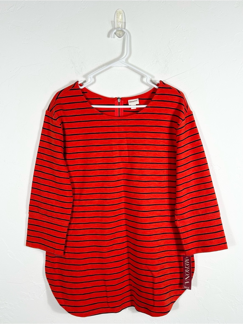 Merona NWT Striped 3/4 Sleeve Top XL Orange Black Structured Zip Back Blouse